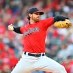 Starting pitcher Shane Bieber #57 of the Cleveland Guardians pitches during the first inning against the Cleveland Guardians at Progressive Field on September 27, 2023 in Cleveland, Ohio.