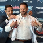 President of Baseball Operations Chris Antonetti introduces Stephen Vogt as the 45th Manager of the Cleveland Guardians at Progressive Field on November 10, 2023 in Cleveland, Ohio.