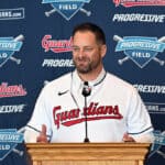 Stephen Vogt is introduced as the 45th Manager of the Cleveland Guardians at Progressive Field on November 10, 2023 in Cleveland, Ohio.