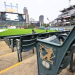 CLEVELAND, OHIO - APRIL 21: Fans linger in the stands after the game between the Cleveland Guardians and the Miami Marlins was postponed due to inclement weather at Progressive Field on April 21, 2023 in Cleveland, Ohio. A double header will be played tomorrow.
