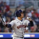 MINNEAPOLIS, MINNESOTA - OCTOBER 11: Michael Brantley #23 of the Houston Astros hits a solo home run against the Minnesota Twins during the second inning in Game Four of the Division Series at Target Field on October 11, 2023 in Minneapolis, Minnesota.