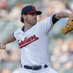 CLEVELAND, OH - MAY 09: Shane Bieber #57 of the Cleveland Guardians pitches against the Detroit Tigers during the first inning at Progressive Field on May 09, 2023 in Cleveland, Ohio.