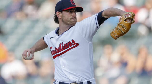 CLEVELAND, OH - MAY 09: Shane Bieber #57 of the Cleveland Guardians pitches against the Detroit Tigers during the first inning at Progressive Field on May 09, 2023 in Cleveland, Ohio.