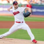 Starting pitcher Corey Kluber pitches during the first inning against the Tampa Bay Rays at Progressive Field on August 31, 2018 in Cleveland, Ohio.