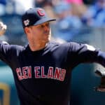 Corey Kluber #28 of the Cleveland Indians pitches in the first inning during the game against the Kansas City Royals at Kauffman Stadium on April 14, 2019 in Kansas City, Missouri.