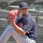 Pitcher Carlos Carrasco #59 of the Cleveland Indians throws in the bullpen during summer workouts at Progressive Field on July 06, 2020 in Cleveland, Ohio.