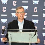 Cleveland Indians team owner and chairman Paul Dolan talks to members of the media during a press conference announcing the name change from the Cleveland Indians to the Cleveland Guardians at Progressive Field on July 23, 2021 in Cleveland, Ohio.