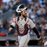 Austin Hedges #17 of the Cleveland Guardians reacts in the first inning against the New York Yankees in game five of the American League Division Series at Yankee Stadium on October 18, 2022 the Bronx borough of New York City.