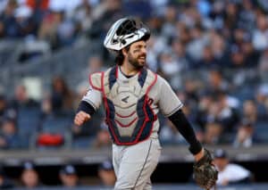 Austin Hedges #17 of the Cleveland Guardians reacts in the first inning against the New York Yankees in game five of the American League Division Series at Yankee Stadium on October 18, 2022 the Bronx borough of New York City.