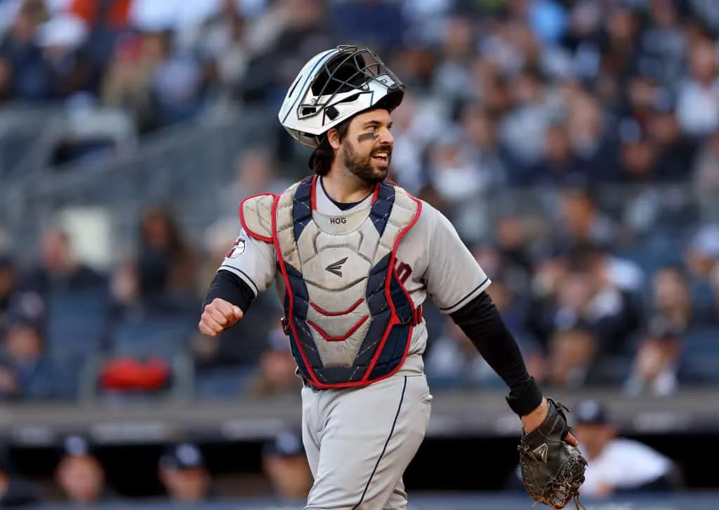 Austin Hedges #17 of the Cleveland Guardians reacts in the first inning against the New York Yankees in game five of the American League Division Series at Yankee Stadium on October 18, 2022 the Bronx borough of New York City.