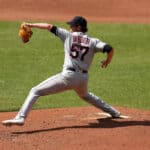 Shane Bieber #57 of the Cleveland Guardians pitches to Baltimore Orioles batter in the second inning at Oriole Park at Camden Yards on May 31, 2023 in Baltimore, Maryland.