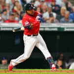 Jose Ramirez #11 of the Cleveland Guardians hits a single during the eighth inning against the Tampa Bay Rays at Progressive Field on September 01, 2023 in Cleveland, Ohio.