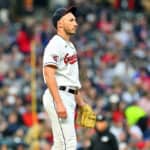 Relief pitcher Trevor Stephan #37 of the Cleveland Guardians reacts after giving up a solo homer to Carlos Correa #4 of the Minnesota Twins during the seventh inning at Progressive Field on May 06, 2023 in Cleveland, Ohio.