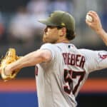 Shane Bieber #57 of the Cleveland Guardians pitches in the first inning against the New York Mets at Citi Field, in game two of a doubleheader on May 21, 2023 in New York City.