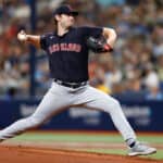 Gavin Williams #63 of the Cleveland Guardians pitches during the first inning against the Tampa Bay Rays at Tropicana Field on August 12, 2023 in St Petersburg, Florida.