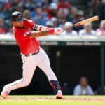 Gabriel Arias #13 of the Cleveland Guardians hits a two-run single off during the fourth inning against the Texas Rangers at Progressive Field on September 17, 2023 in Cleveland, Ohio.