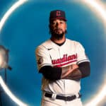Emmanuel Clase #48 of the Cleveland Guardians sits for a portrait at Goodyear Ballpark on February 22, 2024 in Goodyear, Arizona.