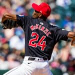 Triston McKenzie #24 of the Cleveland Guardians pitches during the first innings of the Spring Training Game against the Los Angeles Dodgers at Goodyear Ballpark on March 11, 2024 in Goodyear, Arizona.