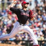 Carlos Carrasco #59 of the Cleveland Guardians pitches during the fifth inning of the Spring Training Game against the Los Angeles Dodgers at Goodyear Ballpark on March 11, 2024 in Goodyear, Arizona.