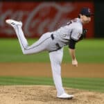 Shane Bieber #57 of the Cleveland Guardians pitches against the Oakland Athletics in the sixth inning at Oakland Coliseum on March 28, 2024 in Oakland, California.
