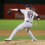 Shane Bieber #57 of the Cleveland Guardians pitches against the Oakland Athletics at Oakland Coliseum on March 28, 2024 in Oakland, California.
