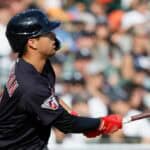 Tyler Freeman #2 of the Cleveland Guardians hits a solo home run against the Detroit Tigers during the fifth inning at Comerica Park on October 1, 2023 in Detroit, Michigan.