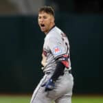 Tyler Freeman #2 of the Cleveland Guardians reacts after he hit a double that scored a run against the Oakland Athletics in the second inning at Oakland Coliseum on March 28, 2024 in Oakland, California.