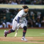 Josh Naylor #22 of the Cleveland Guardians bats against the Oakland Athletics at Oakland Coliseum on March 28, 2024 in Oakland, California.