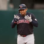 Josh Naylor #22 of the Cleveland Guardians reacts after he hit a double against the Oakland Athletics in the first inning at Oakland Coliseum on March 29, 2024 in Oakland, California.