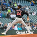 Triston McKenzie #24 of the Cleveland Guardians throws a pitch during the first inning against the Seattle Mariners at T-Mobile Park on April 01, 2024 in Seattle, Washington.