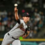 Shane Bieber #57 of the Cleveland Guardians throws a pitch during the fifth inning against the Seattle Mariners at T-Mobile Park on April 02, 2024 in Seattle, Washington.