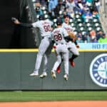 Estevan Florial #90 of the Cleveland Guardians, Steven Kwan #38, and Will Brennan #17 celebrate after the game against the Seattle Mariners at T-Mobile Park on April 03, 2024 in Seattle, Washington. The Cleveland Guardians 8-0.