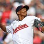 Triston McKenzie #24 of the Cleveland Guardians throws a pitch in the top of the first inning against the Chicago White Sox during the home opener at Progressive Field on April 08, 2024 in Cleveland, Ohio.
