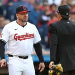 Manager Stephen Vogt #12 of the Cleveland Guardians speaks to an umpire in the bottom of the third after a foul ball call against the Chicago White Soxat Progressive Field on April 08, 2024 in Cleveland, Ohio.