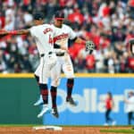 Brayan Rocchio #4 and Tyler Freeman #2 of the Cleveland Guardians celebrate a 4-0 win against the Chicago White Sox at Progressive Field on April 08, 2024 in Cleveland, Ohio. The Guardians defeated the White Sox 4-0.