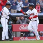 José Ramírez #11 of the Cleveland Guardians reacts after hitting a two run home run in the bottom of the fifth inning against the Chicago White Sox at Progressive Field on April 08, 2024 in Cleveland, Ohio.