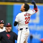 Bo Naylor #23 of the Cleveland Guardians celebrates after hitting a walk-off RBI single in the 10th inning against the Chicago White Sox at Progressive Field on April 10, 2024, in Cleveland, Ohio. The Guardians defeated the White Sox 7-6.