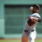 Starting pitcher Xzavion Curry #44 of the Cleveland Guardians throws against the Boston Red Sox in the first inning at Fenway Park on April 15, 2024 in Boston, Massachusetts. All players are wearing the number 42 in honor of Jackie Robinson Day.