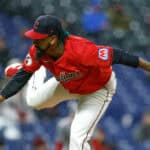 Emmanuel Clase #48 of the Cleveland Guardians pitches against the Boston Red Sox in the ninth inning at Progressive Field on April 23, 2024 in Cleveland, Ohio.