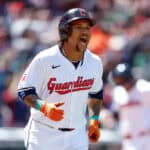 José Ramírez #11 of the Cleveland Guardians celebrates after hitting a grand slam off Chase Anderson #48 of the Boston Red Sox during the second inning at Progressive Field on April 25, 2024 in Cleveland, Ohio.