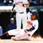 José Ramírez #11 of the Cleveland Guardians scores on a pass ball by Reese McGuire #3 of the Boston Red Sox during the seventh inning at Progressive Field on April 25, 2024 in Cleveland, Ohio.
