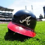 The Atlanta Braves new carbon fiber pattern helmet is on display before the game against the San Diego Padres at SunTrust Park on April 16, 2017 in Atlanta, Georgia.