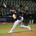 Hunter Gaddis #33 of the Cleveland Guardians pitches against the Oakland Athletics at Oakland Coliseum on March 29, 2024 in Oakland, California.