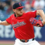 Tanner Bibee #28 of the Cleveland Guardians pitches against the Los Angeles Angels during the first inning at Progressive Field on May 03, 2024 in Cleveland, Ohio.