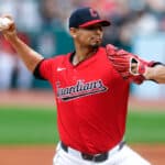 Carlos Carrasco #59 of the Cleveland Guardians pitches against the Los Angeles Angels during the first inning at Progressive Field on May 05, 2024 in Cleveland, Ohio.