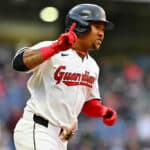 José Ramírez #11 of the Cleveland Guardians celebrates as he rounds the bases on a solo homer during the sixth inning against the Detroit Tigers at Progressive Field on May 06, 2024 in Cleveland, Ohio.