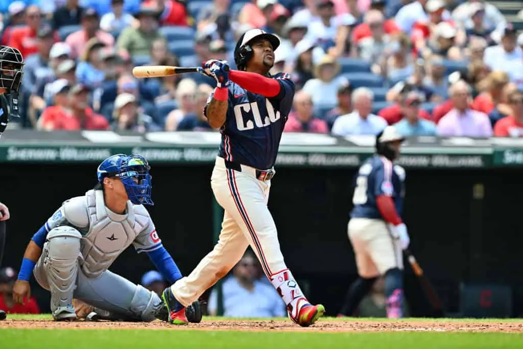 José Ramírez #11 of the Cleveland Guardians hits a solo homer during the third inning against the Kansas City Royals at Progressive Field on June 06, 2024 in Cleveland, Ohio.