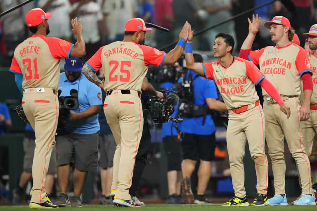 ARLINGTON, TEXAS - JULY 16: Riley Greene #31 of the Detroit Tigers and Anthony Santander #25 of the Baltimore Orioles celebrate with Steven Kwan #38 of the Cleveland Guardians after the final out to defeat the National League 5-3 during the 94th MLB All-Star Game presented by Mastercard at Globe Life Field on July 16, 2024 in Arlington, Texas.