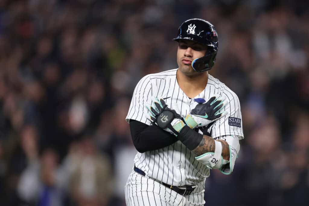 NEW YORK, NEW YORK - OCTOBER 29: Gleyber Torres #25 of the New York Yankees reacts while rounding the bases after hitting three-run home run during the eighth inning of Game Four of the 2024 World Series against the Los Angeles Dodgers at Yankee Stadium on October 29, 2024 in the Bronx borough of New York City.