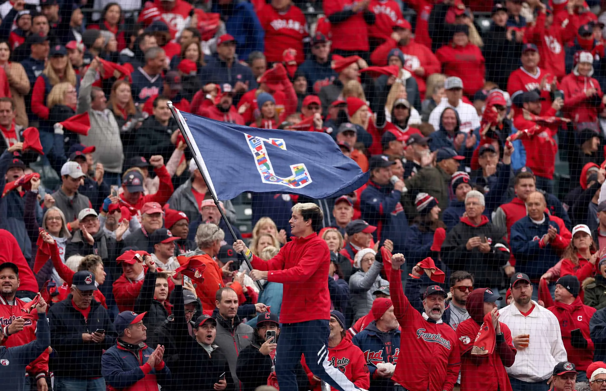 CLEVELAND, OHIO - OCTOBER 07: The Guardian fans before game one of the Wild Card Series between the Tampa Bay Rays and the Cleveland Guardians at Progressive Field on October 07, 2022 in Cleveland, Ohio.